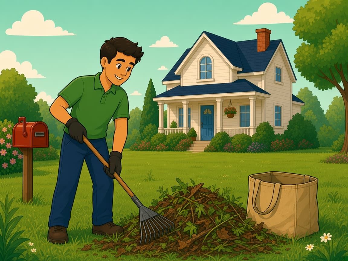A lawn care professional clearing leaves, weeds, and branches from a yard