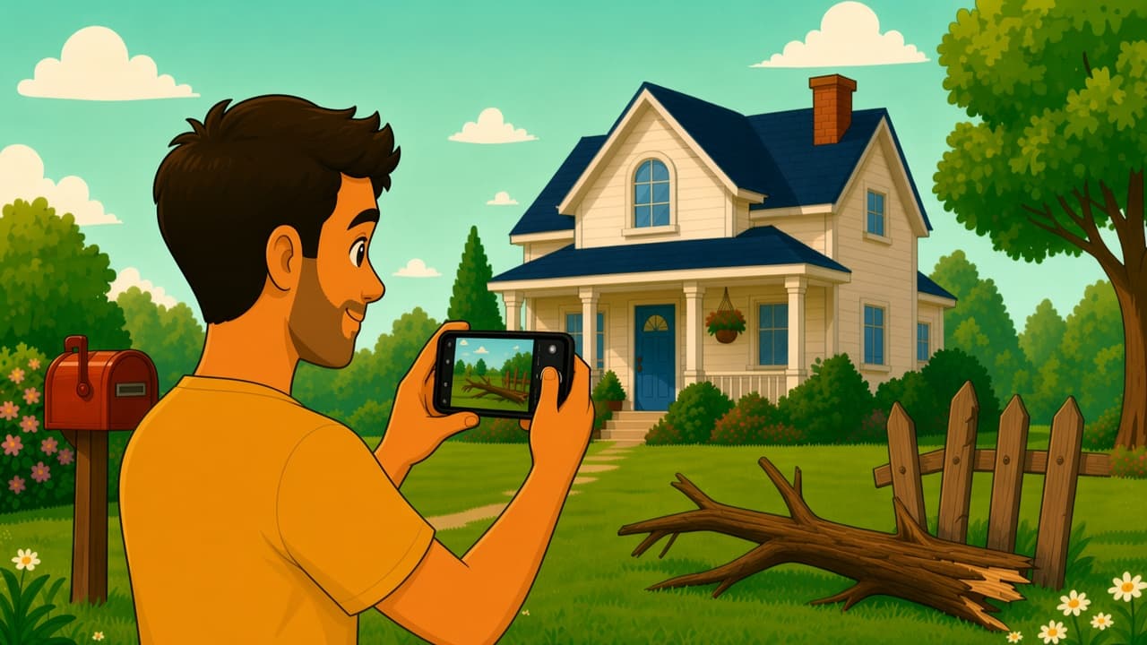 A homeowner lining up a photo of a fallen branch and fence for a custom yard request