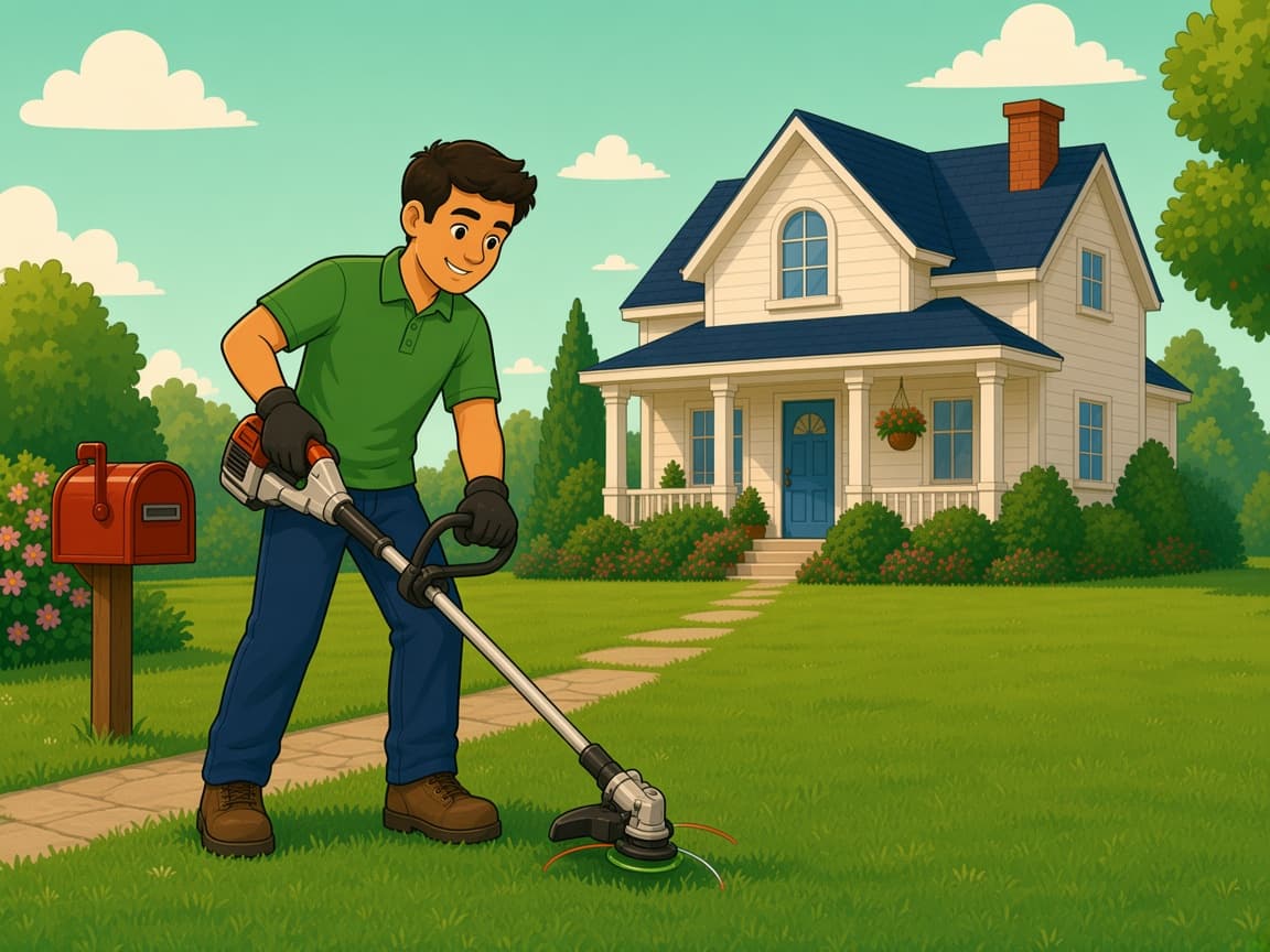 A lawn care professional trimming a clean edge along a walkway