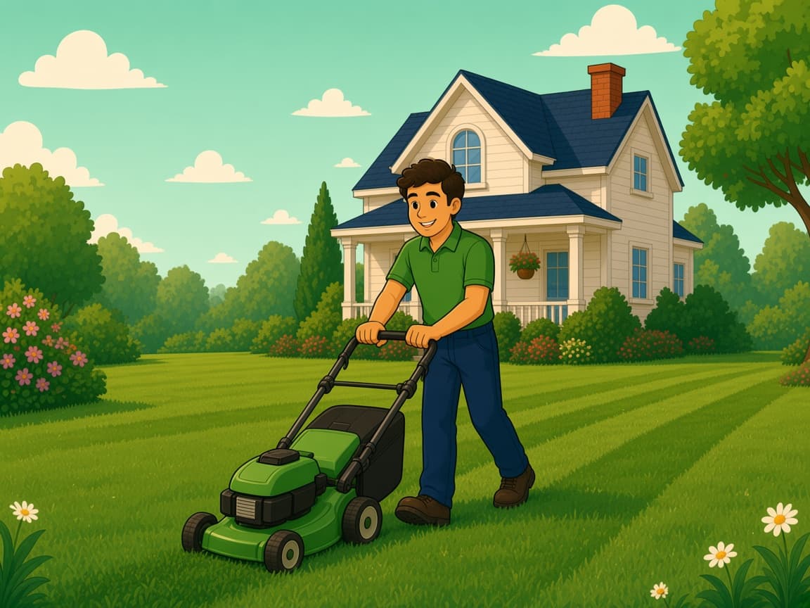 A lawn care professional mowing fresh stripes into a front yard